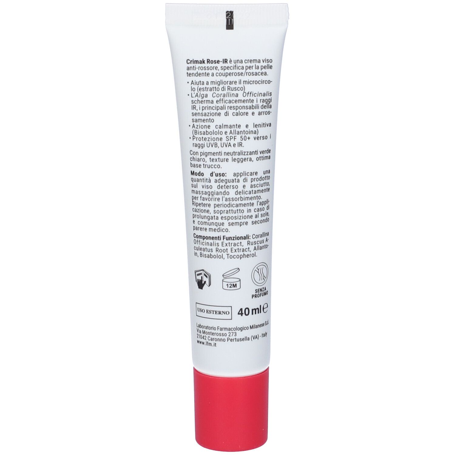 Rückseite der Creme-Tube. Text mit Inhaltsstoffen und Anwendungshinweisen. Roter Verschluss.