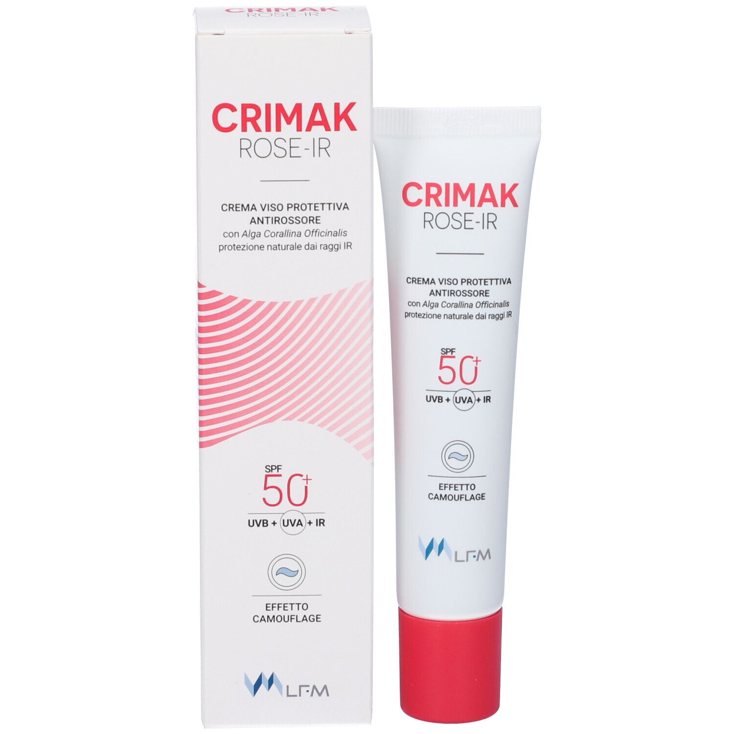 Produktverpackung und Tube. Aufschrift: Crimak Rose-IR, Creme viso protettiva antirosoore, SPF 50.