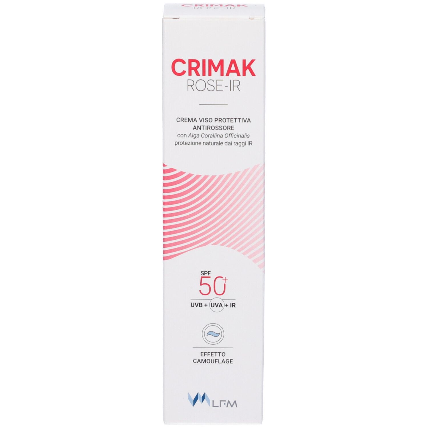 Produktverpackung. Aufschrift: Crimak Rose-IR, Creme viso protettiva antirosoore, SPF 50.