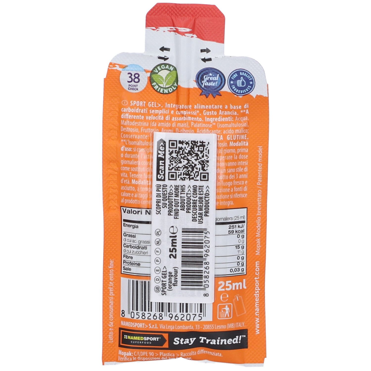 Dos du sachet Namedsport Sport Gel Arancia. Texte et informations nutritionnelles. Labels végétaliens et de qualité.