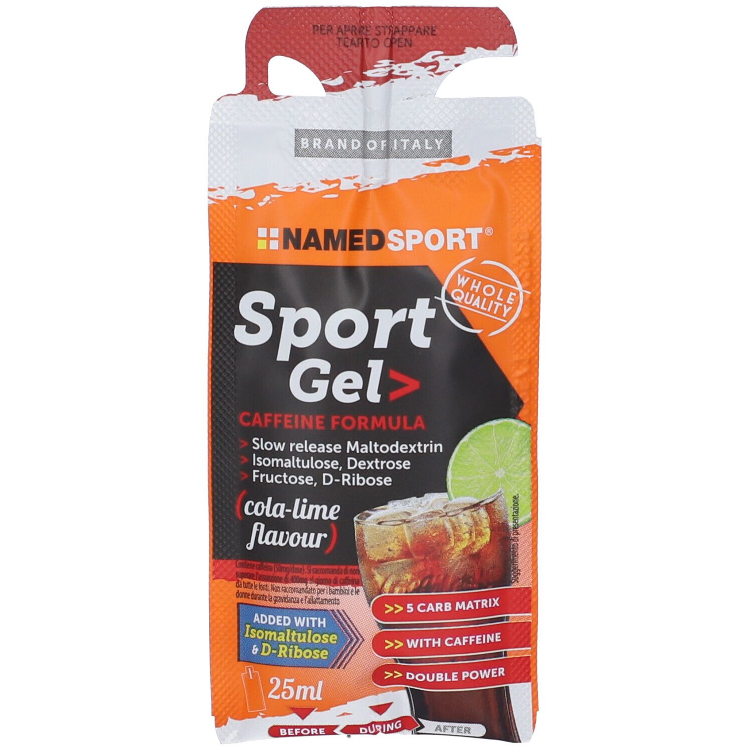 Namedsport Sport Gel, Cola-Limette. Orangefarbene Verpackung mit Produktbezeichnung und Zutaten. Abbildung eines Getränks.