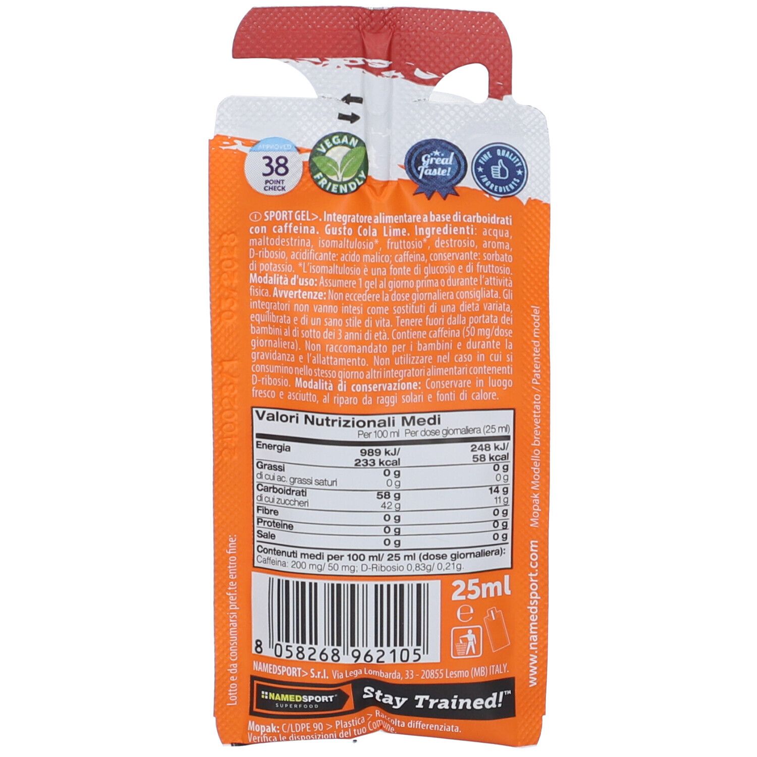 Rückseite der Namedsport Sport Gel Verpackung. Enthält Nährwertangaben, QR-Code und Informationen zum Produkt.