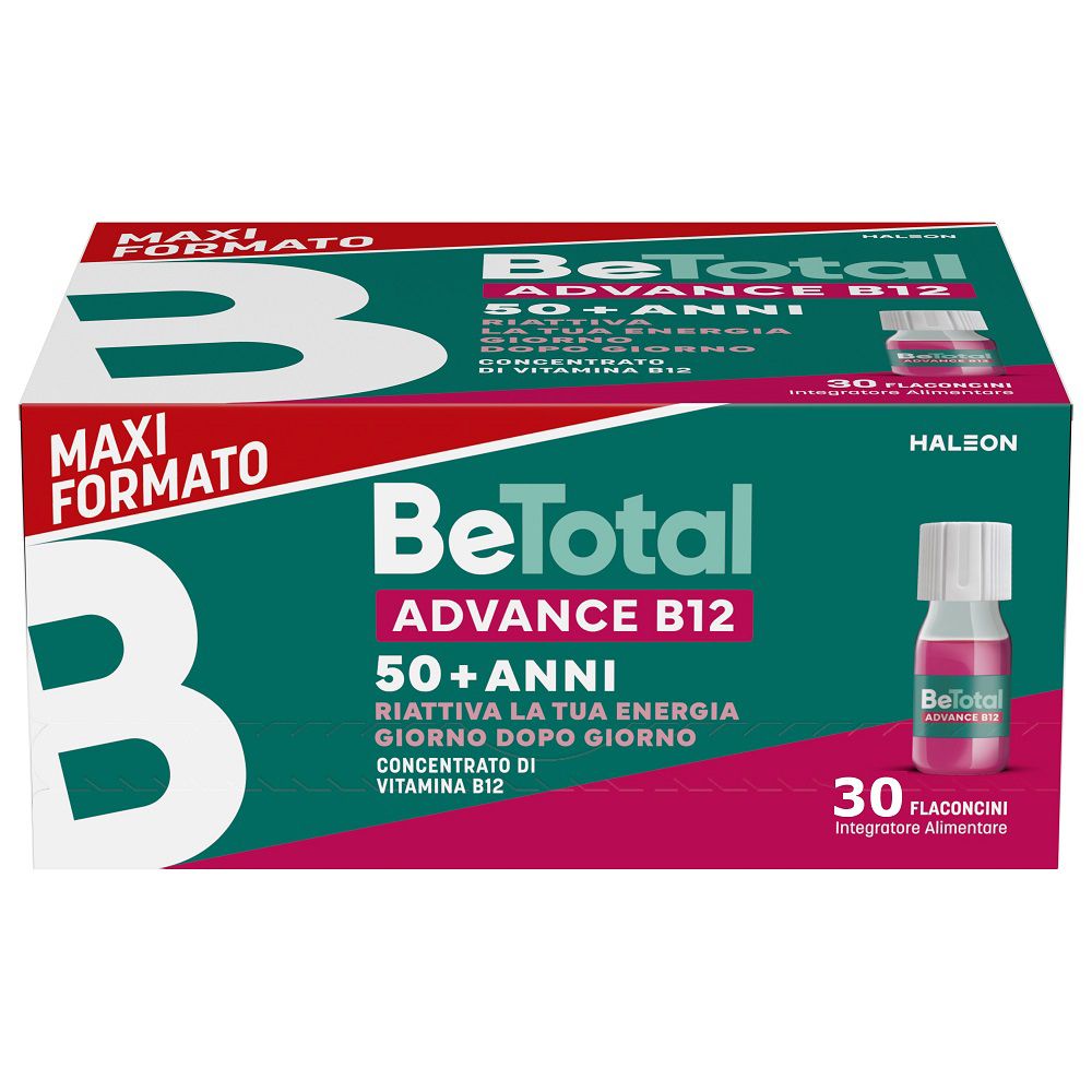 Boîte de BeTotal Advance B12. Contient 30 flacons. Inscription : Maxi Format, 50+ ans.