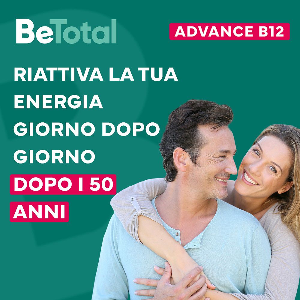 Publicité pour BeTotal Advance B12. Couple souriant. Texte : Réactive votre énergie, jour après jour, après 50 ans.