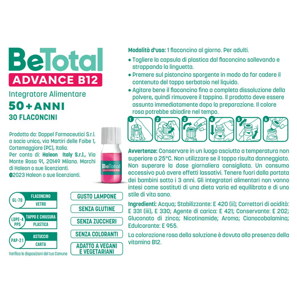 Gros plan sur l'emballage de BeTotal Advance B12. Contient 30 flacons. Texte : 50+ ans. Mode d'emploi.