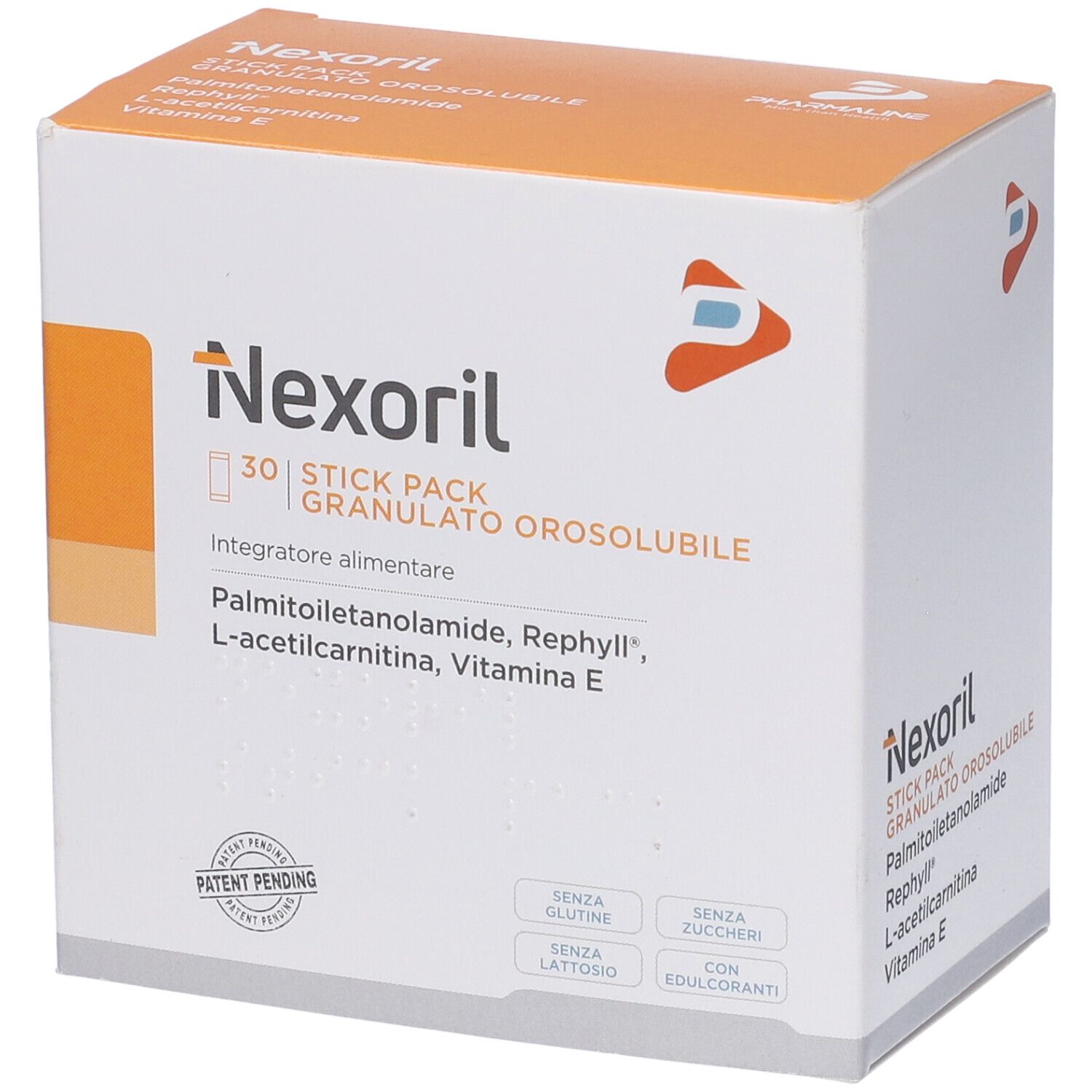 Weiße Schachtel mit orangefarbenem Deckel. Aufschrift: Nexoril, 30 Stick Pack, Granulato Orosolubile. Enthält Palmitoylethanolamid, Rephyll, L-Acetylcarnitin, Vitamin E.