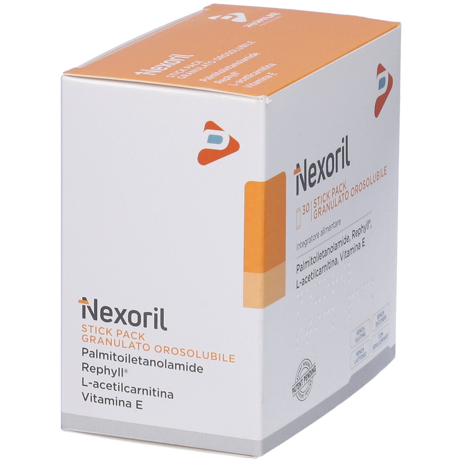 Schachtel mit orangefarbenem Deckel. Aufschrift: Nexoril, 30 Stick Pack, Granulato Orosolubile. Enthält Palmitoylethanolamid, Rephyll, L-Acetylcarnitin, Vitamin E.
