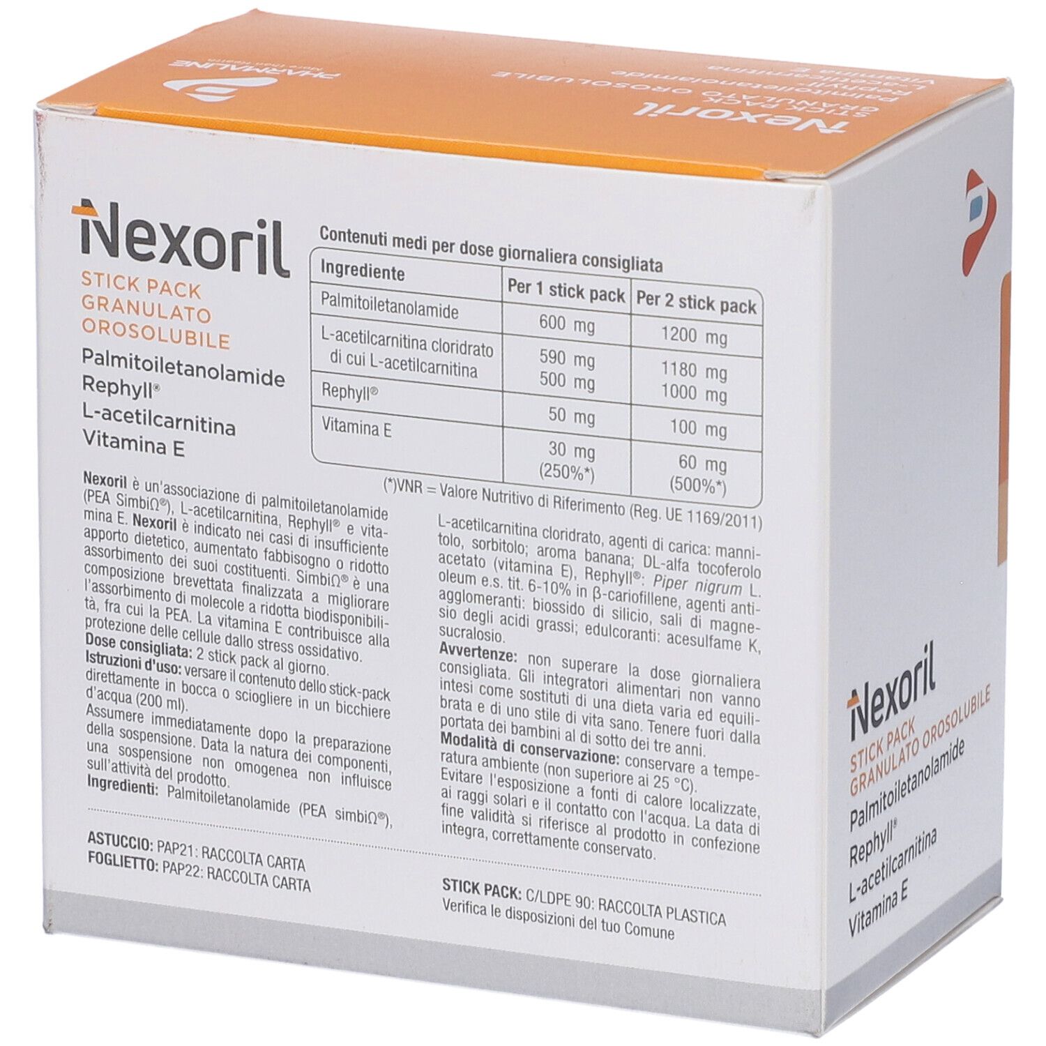 Weiße Schachtel mit orangefarbenem Deckel. Aufschrift: Nexoril, 30 Stick Pack, Granulato Orosolubile. Enthält Palmitoylethanolamid, Rephyll, L-Acetylcarnitin, Vitamin E.