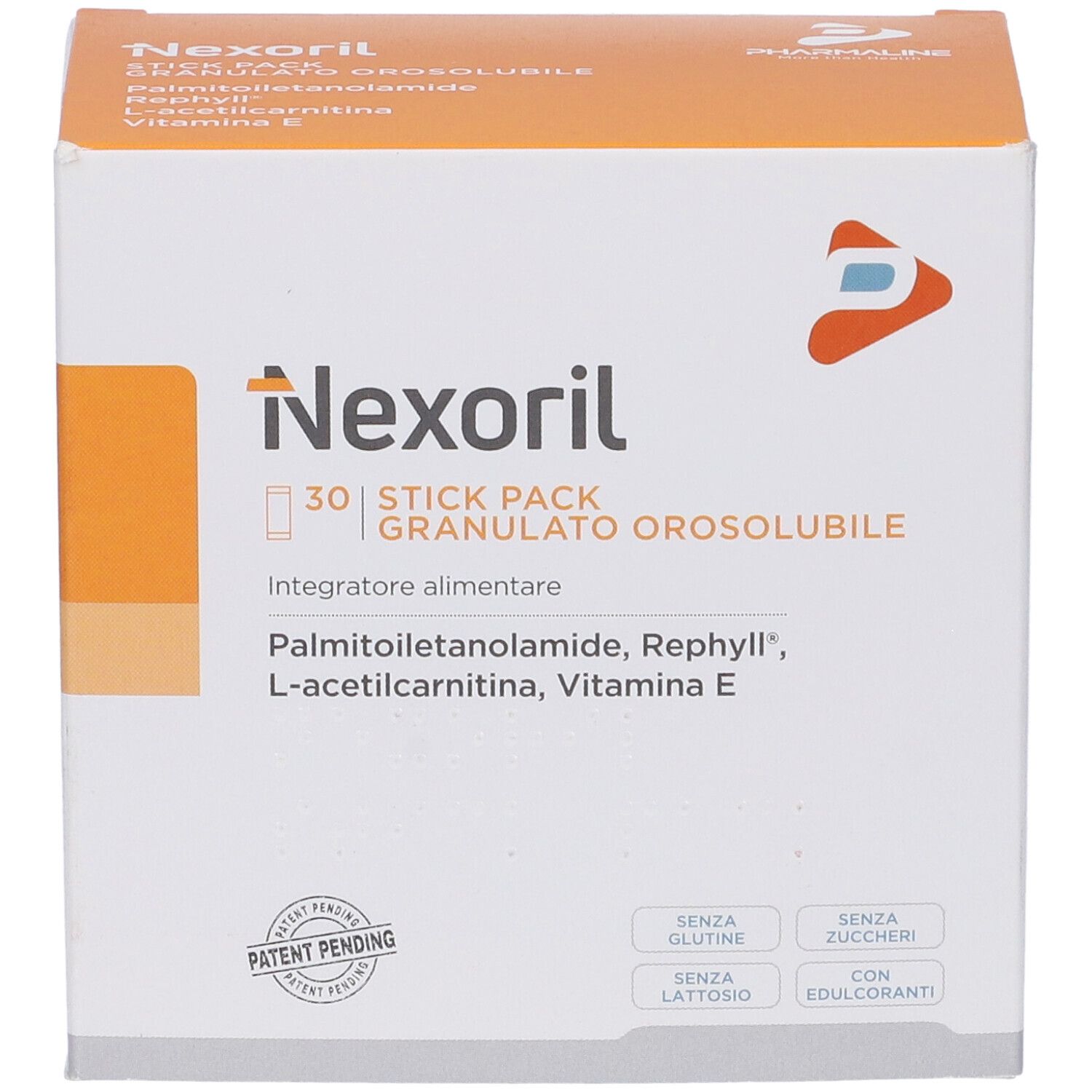 Weiße Schachtel mit orangefarbenem Deckel. Aufschrift: Nexoril, 30 Stick Pack, Granulato Orosolubile. Enthält Palmitoylethanolamid, Rephyll, L-Acetylcarnitin, Vitamin E.