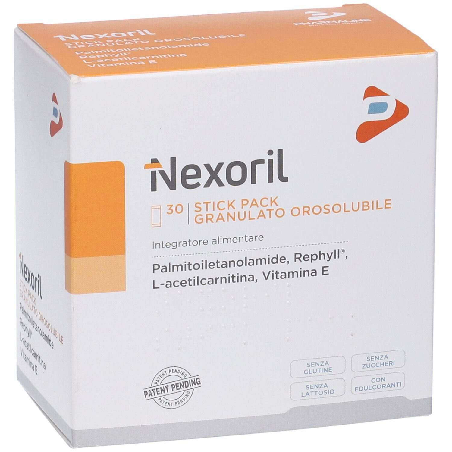 Weiße Schachtel mit orangefarbenem Deckel. Aufschrift: Nexoril, 30 Stick Pack, Granulato Orosolubile. Enthält Palmitoylethanolamid, Rephyll, L-Acetylcarnitin, Vitamin E.