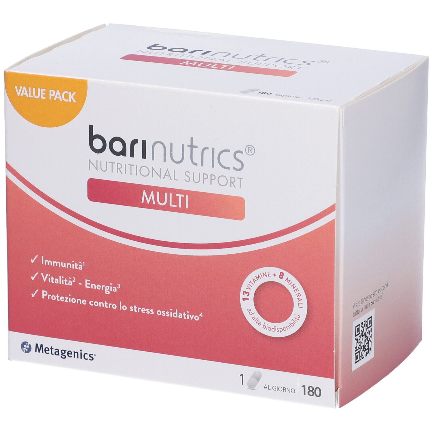 Weißer Karton mit 'bari nutrics MULTI'. Enthält 180 Kapseln. Aufschrift: 'VALUE PACK'.