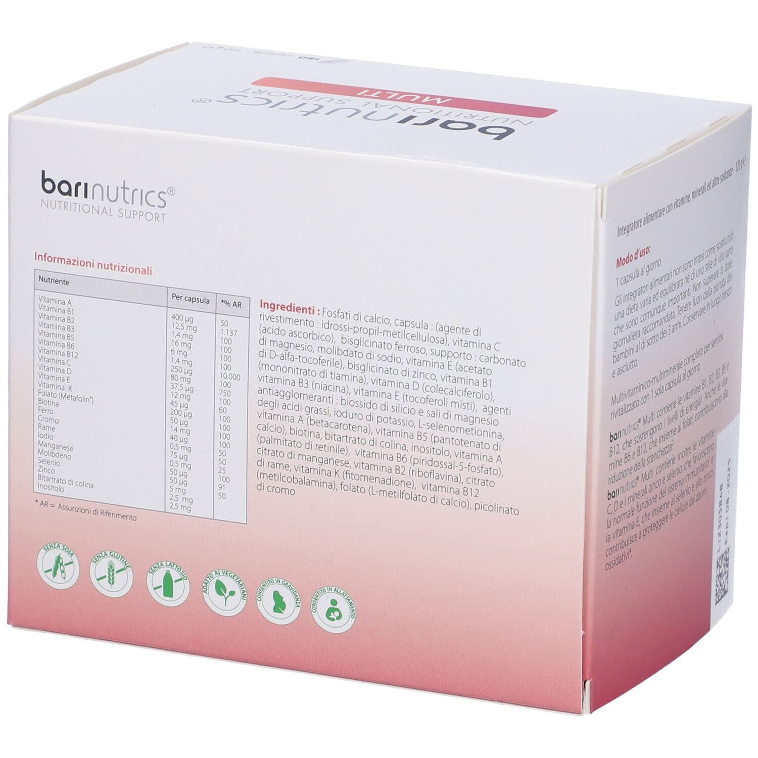 Karton 'bari nutrics MULTI' mit Nährwertangaben und Inhaltsstoffen. Weißer Hintergrund.