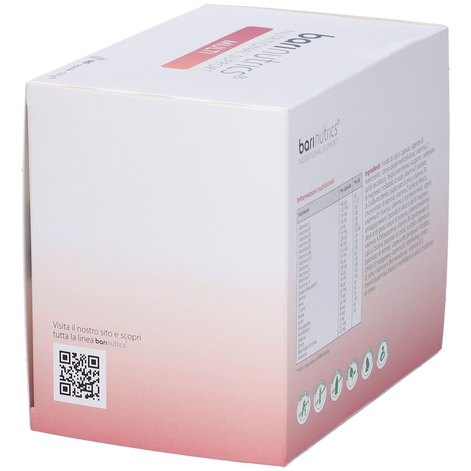 Karton 'bari nutrics MULTI' mit Text und QR-Code. Rosa-weißer Hintergrund.