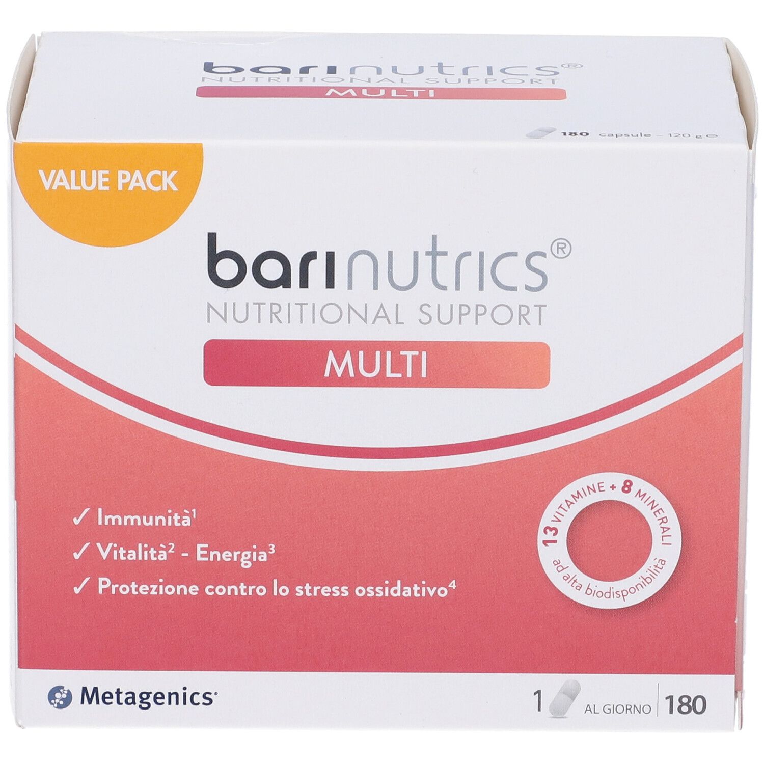Weißer Karton 'bari nutrics MULTI'. Enthält 180 Kapseln. Aufschrift: 'VALUE PACK'.