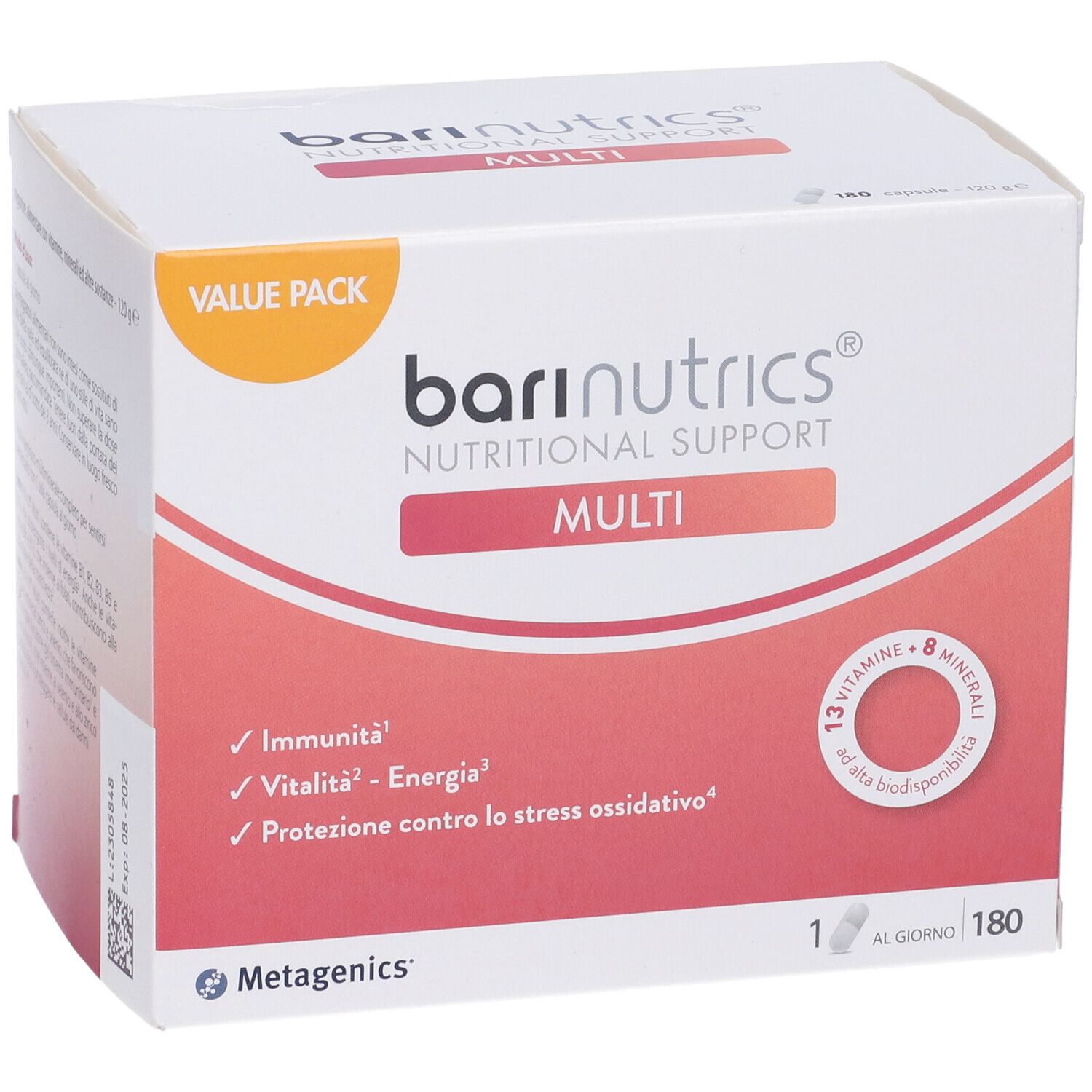 Weißer Karton 'bari nutrics MULTI'. Enthält 180 Kapseln. Aufschrift: 'VALUE PACK'.