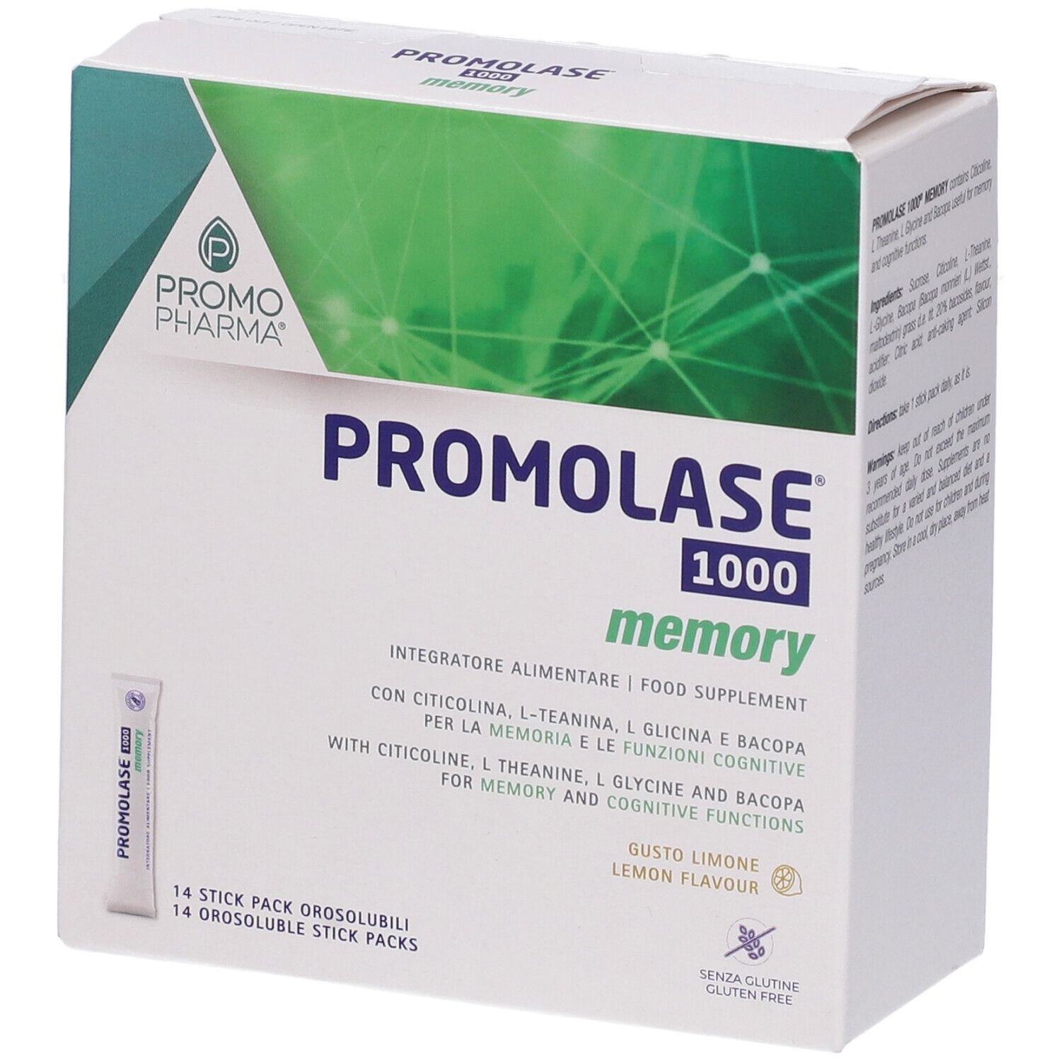 Verpackung von Promolase 1000 Memory. Enthält 14 Stick Packs. Aufschrift: Integratore Alimentare, Food Supplement. Geschmack: Zitrone.