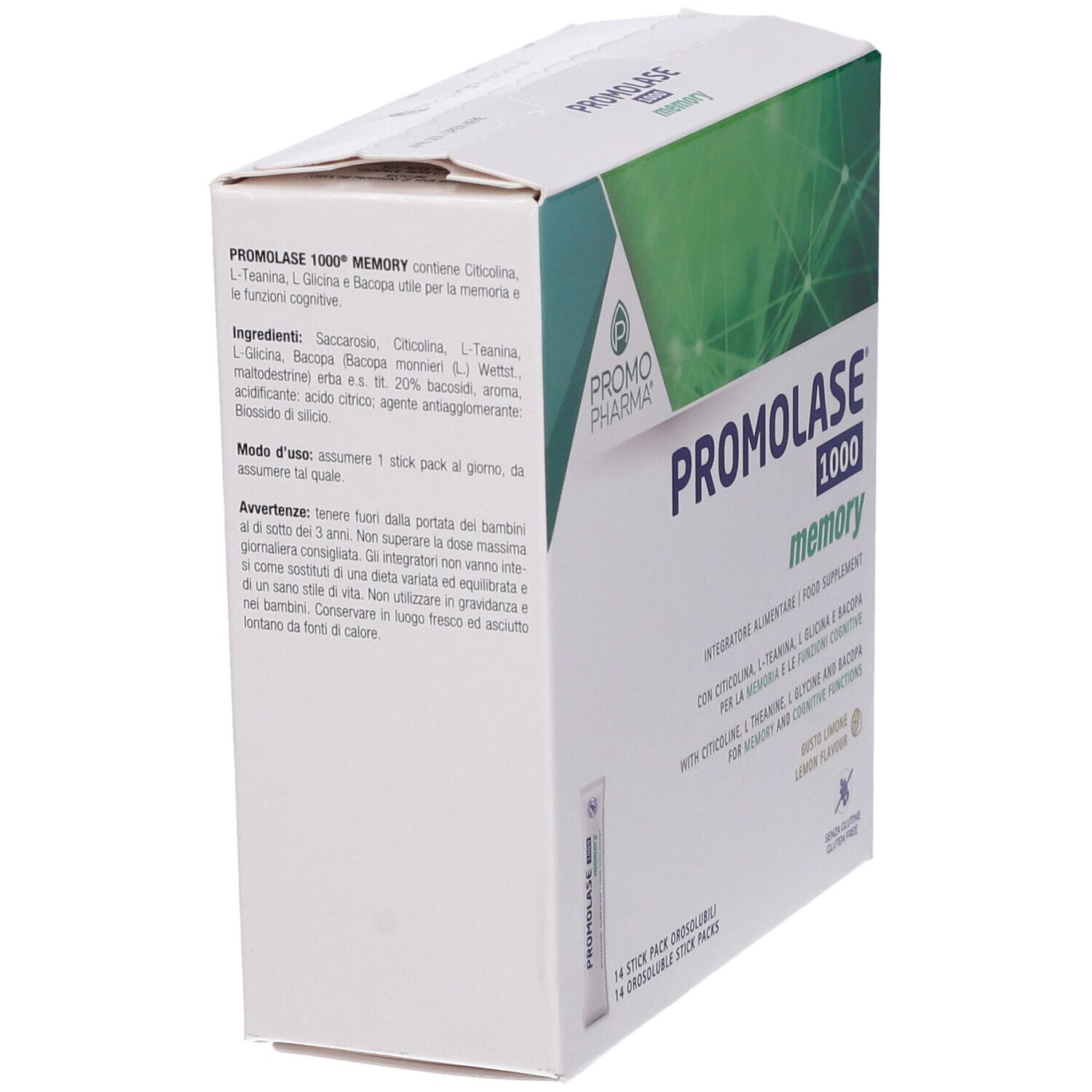 Promolase 1000 Memory-Verpackung, schräg. Enthält 14 Stick Packs. Aufschrift: Integratore Alimentare, Food Supplement. Geschmack: Zitrone.