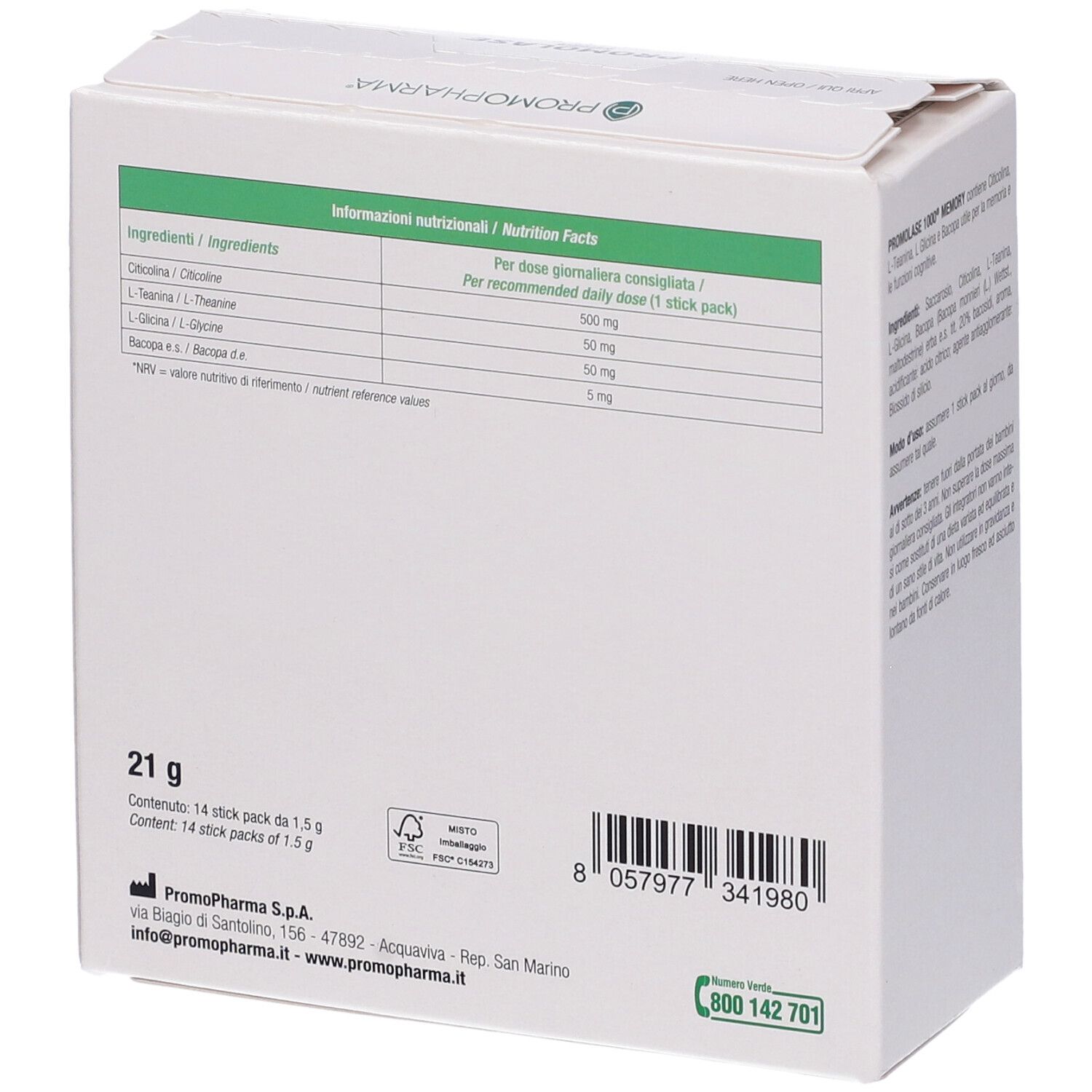 Rückseite der Promolase 1000 Memory-Verpackung. Enthält Nährwertangaben und Inhaltsstoffe. Gewicht: 21 g. Herstellerinformationen.