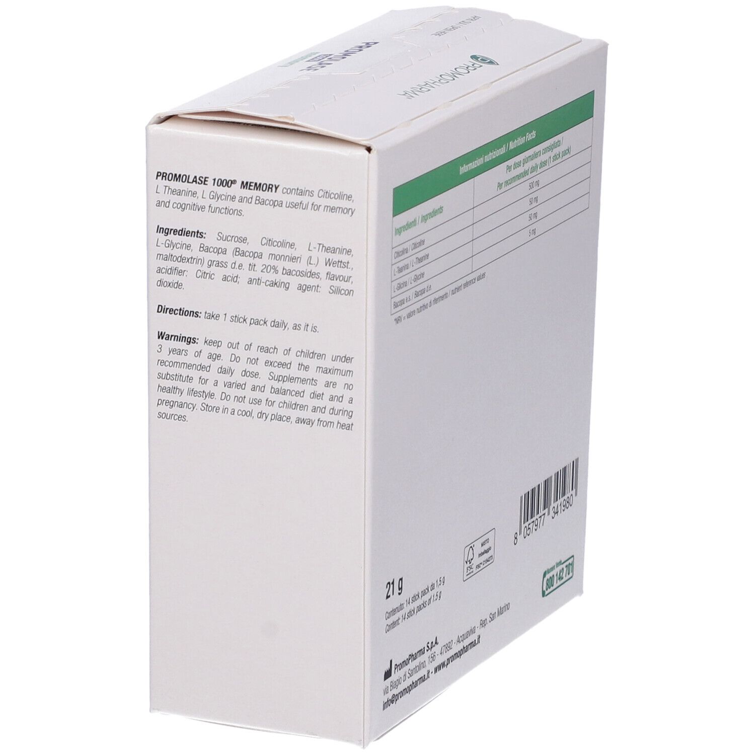 Promolase 1000 Memory-Verpackung, schräg. Enthält Nährwertangaben und Inhaltsstoffe. Gewicht: 21 g. Herstellerinformationen.