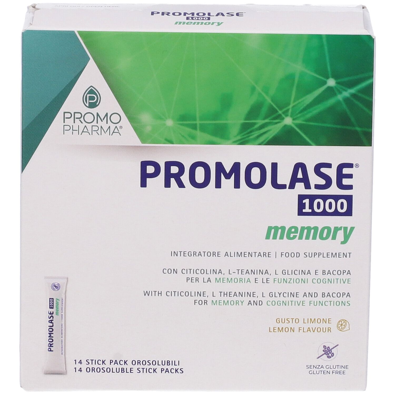 Promolase 1000 Memory-Verpackung. Enthält 14 Stick Packs. Aufschrift: Integratore Alimentare, Food Supplement. Geschmack: Zitrone.