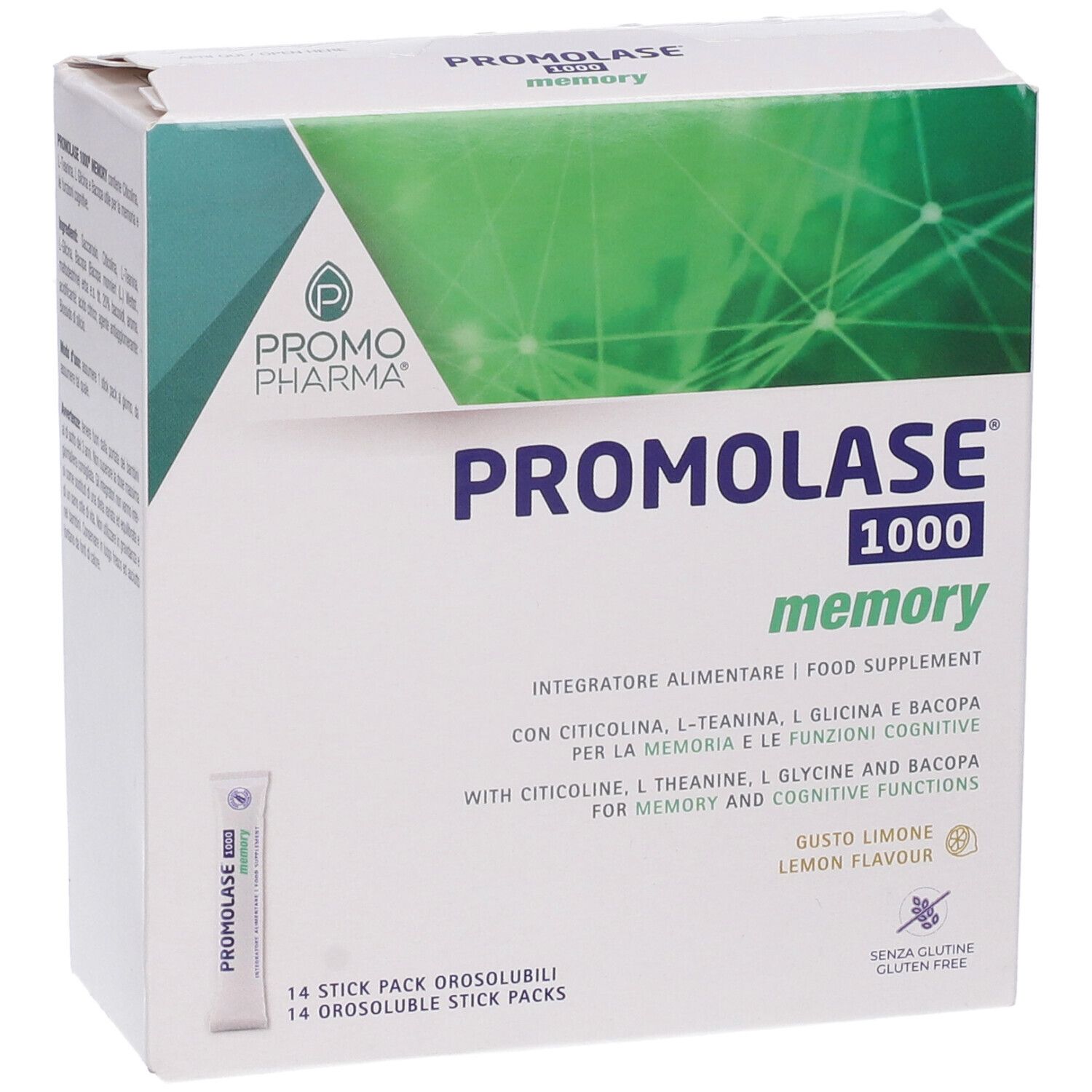 Promolase 1000 Memory-Verpackung. Enthält 14 Stick Packs. Aufschrift: Integratore Alimentare, Food Supplement. Geschmack: Zitrone.