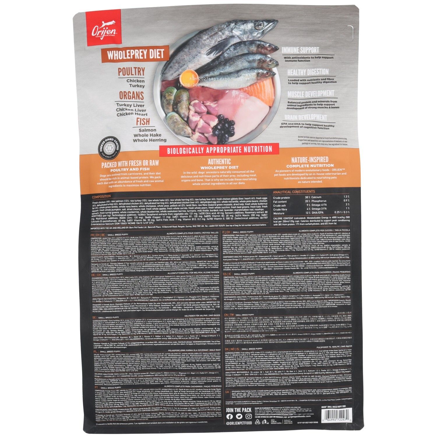 Orijen Small Breed Puppy Hundefutter mit Huhn, Lachs und Truthahn. Vorderseite der Verpackung mit Mensch und Hund.