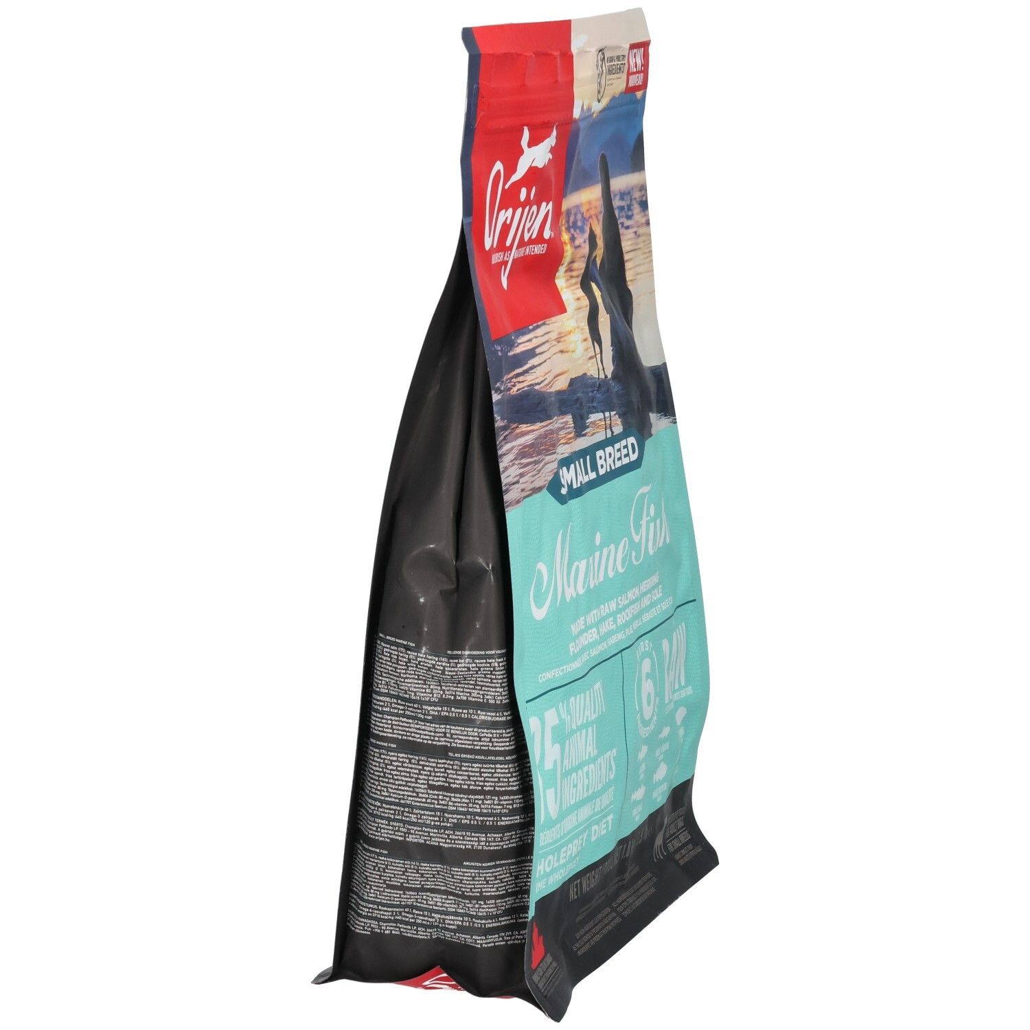 Hundefutterbeutel, Marke Orijen. Aufschrift: Marine Fish, Small Breed. Enthält 85% tierische Inhaltsstoffe. 1,8 kg. Seitenansicht.