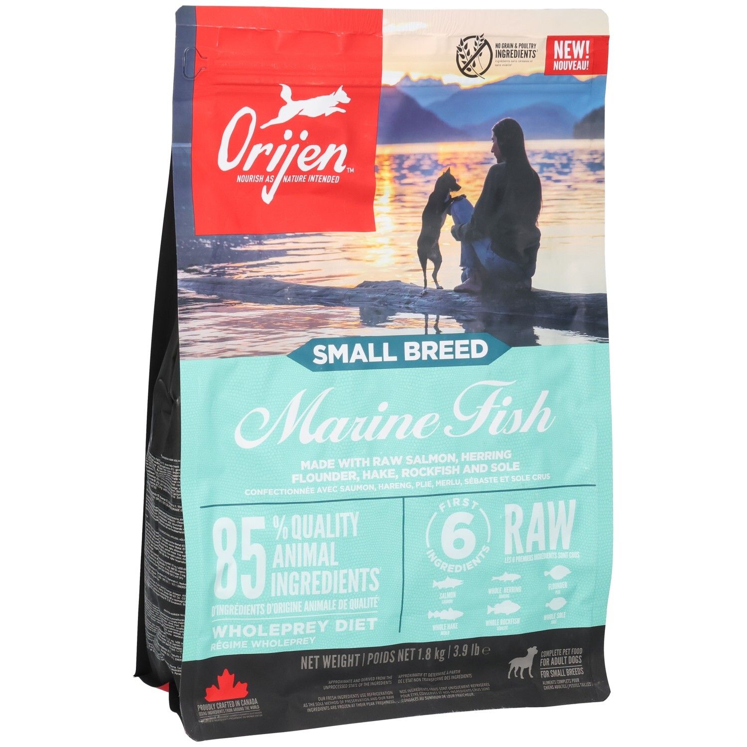 Hundefutterbeutel Orijen. Aufschrift: Marine Fish, Small Breed. Enthält 85% tierische Inhaltsstoffe. 1,8 kg. Vorderansicht.
