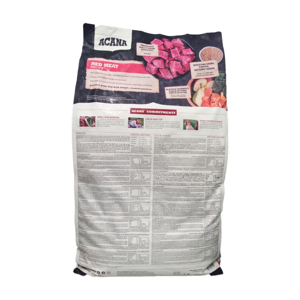 Arrière du sac de croquettes pour chien Acana Classics Red Meat avec informations détaillées et illustrations.
