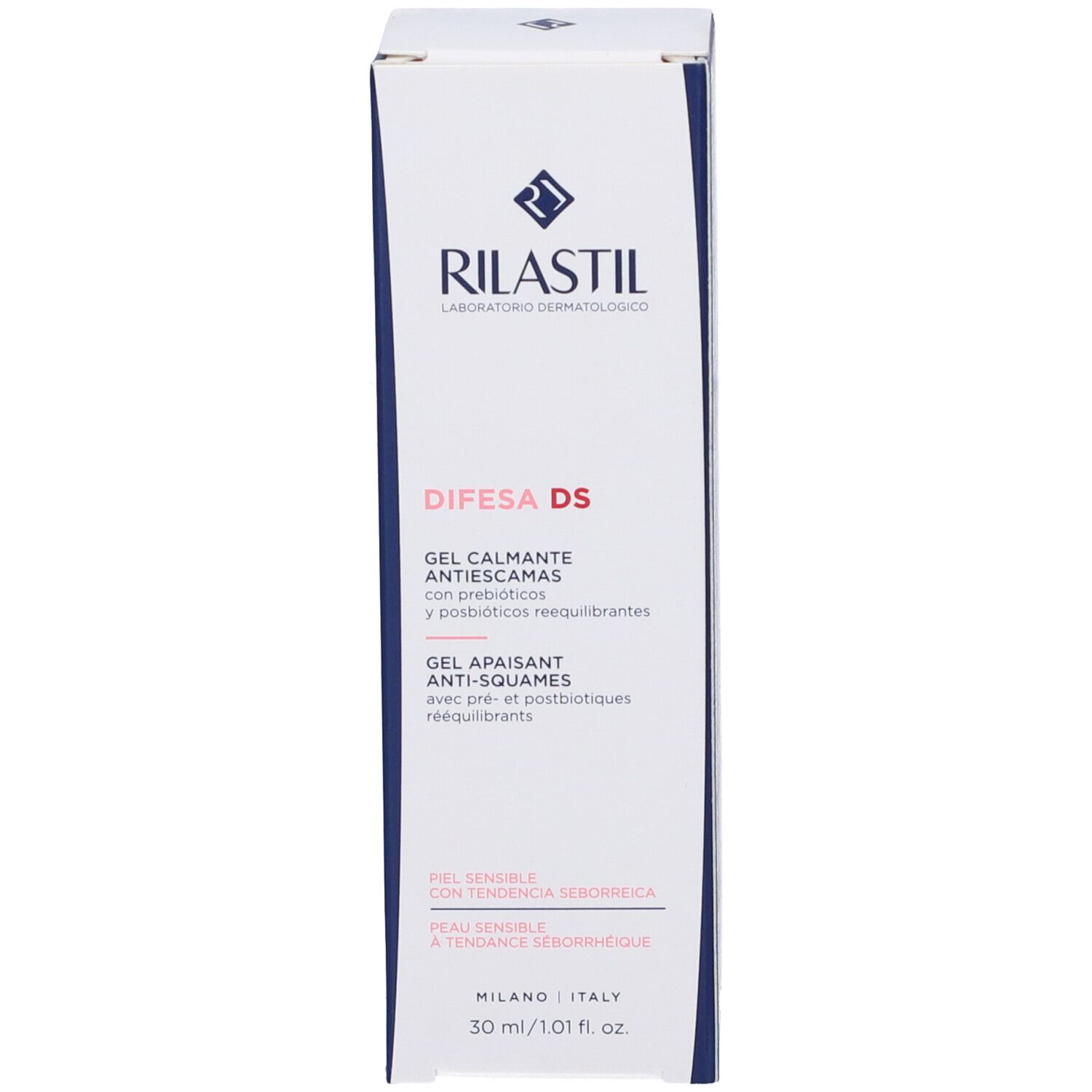 Weiße Schachtel mit blauer Aufschrift. Produktname und Marke sind sichtbar.