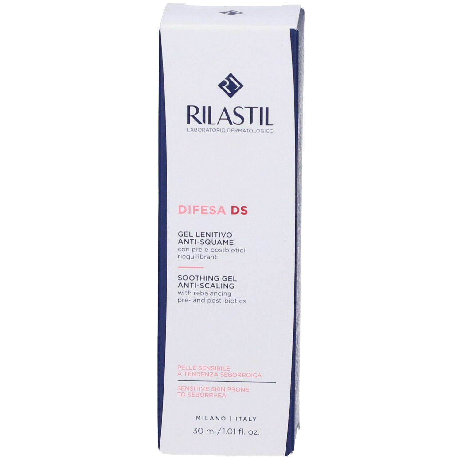 Weiße Schachtel mit blauer Aufschrift. Produktname und Marke sind sichtbar.