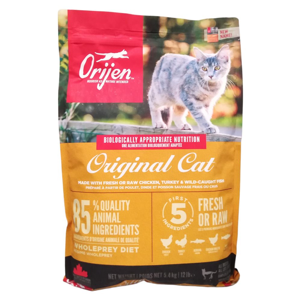 Orijen Original Cat Futterbeutel mit Katze und Produktinformationen.