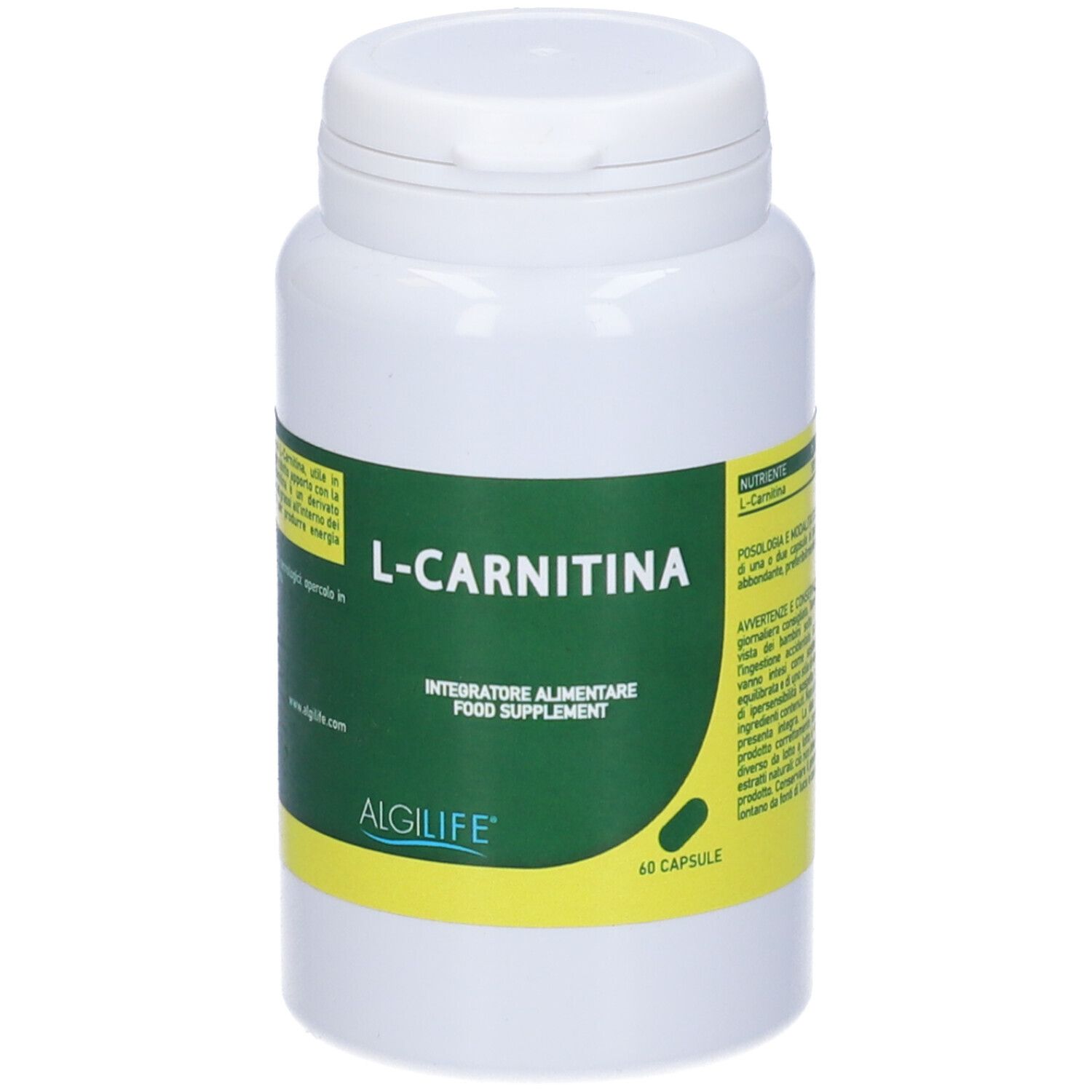 Weiße Flasche mit grünem Etikett. Aufschrift: L-Carnitina, Integratore Alimentare, Algilife. 60 Kapseln.
