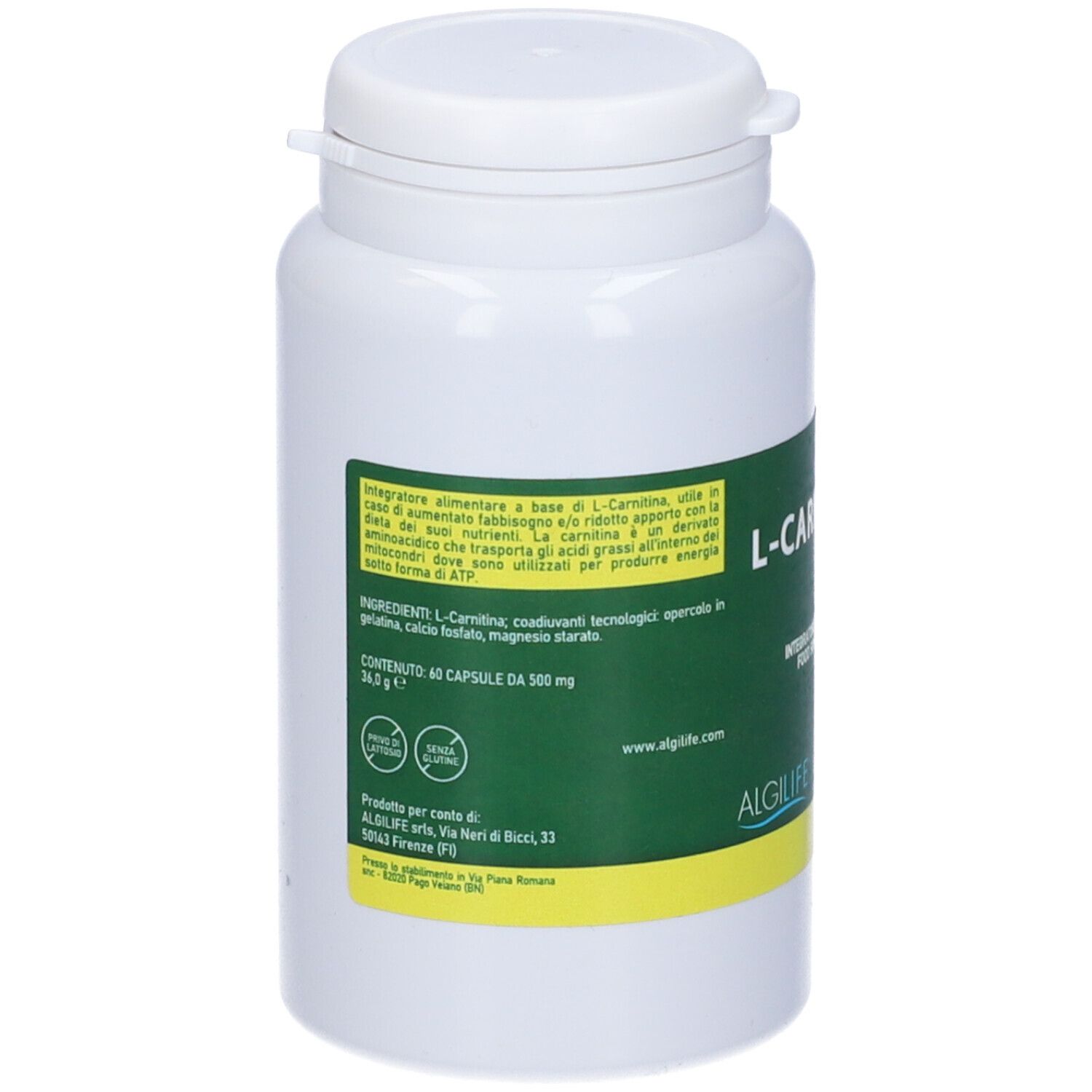 Weiße Flasche mit grünem Etikett. Text: L-Carnitina, Integratore Alimentare, Algilife. Enthält 60 Kapseln. Inhaltsstoffe.