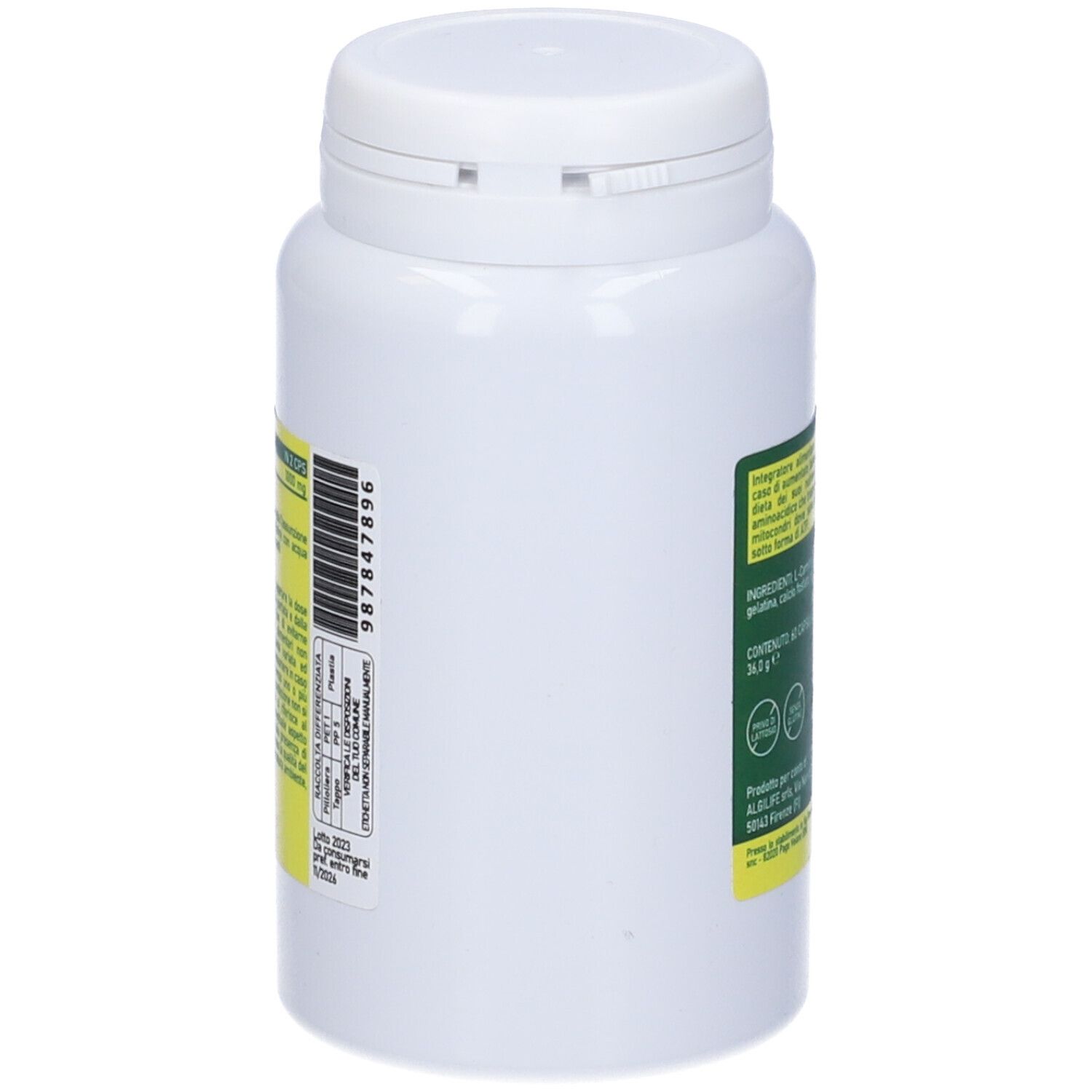 Weiße Flasche mit grünem und gelbem Etikett. Aufschrift: L-Carnitina, Algilife. Rückseite mit Text und Barcode.