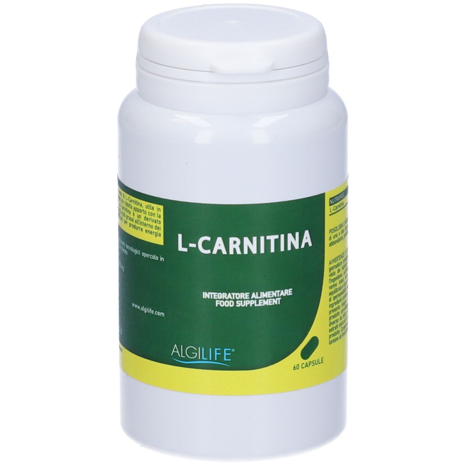 Weiße Flasche mit grünem Etikett. Aufschrift: L-Carnitina, Integratore Alimentare, Algilife. 60 Kapseln.