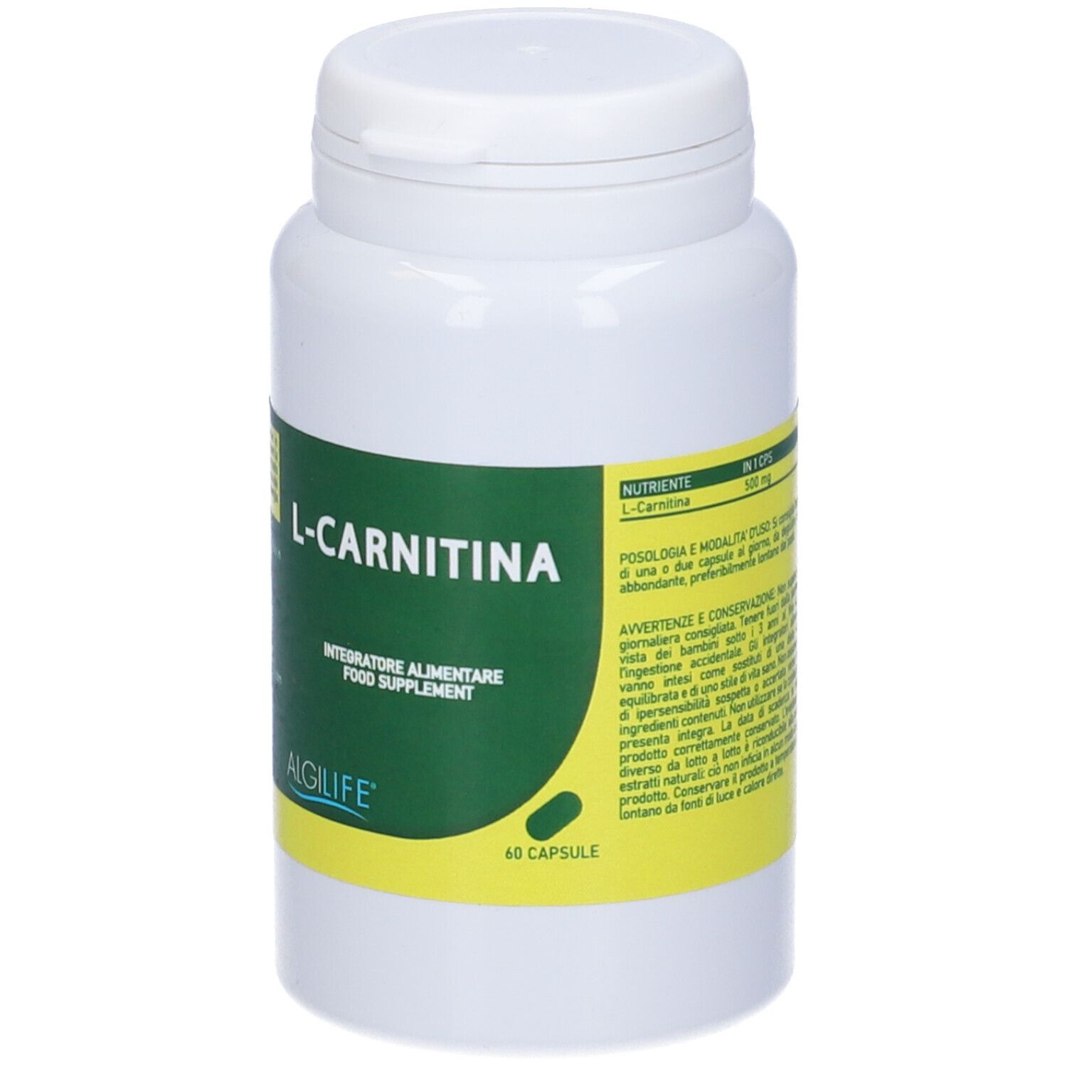 Weiße Flasche mit grünem Etikett. Aufschrift: L-Carnitina, Integratore Alimentare, Algilife. 60 Kapseln. Dosierung.
