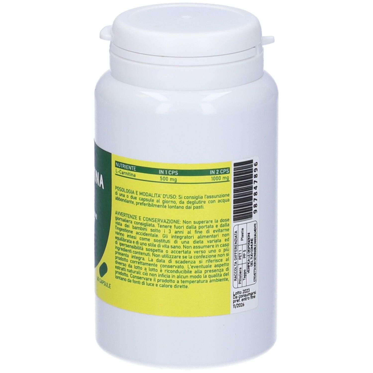 Weiße Flasche mit grünem Etikett. Aufschrift: L-Carnitina, Algilife. Dosierung und Warnhinweise. 60 Kapseln.