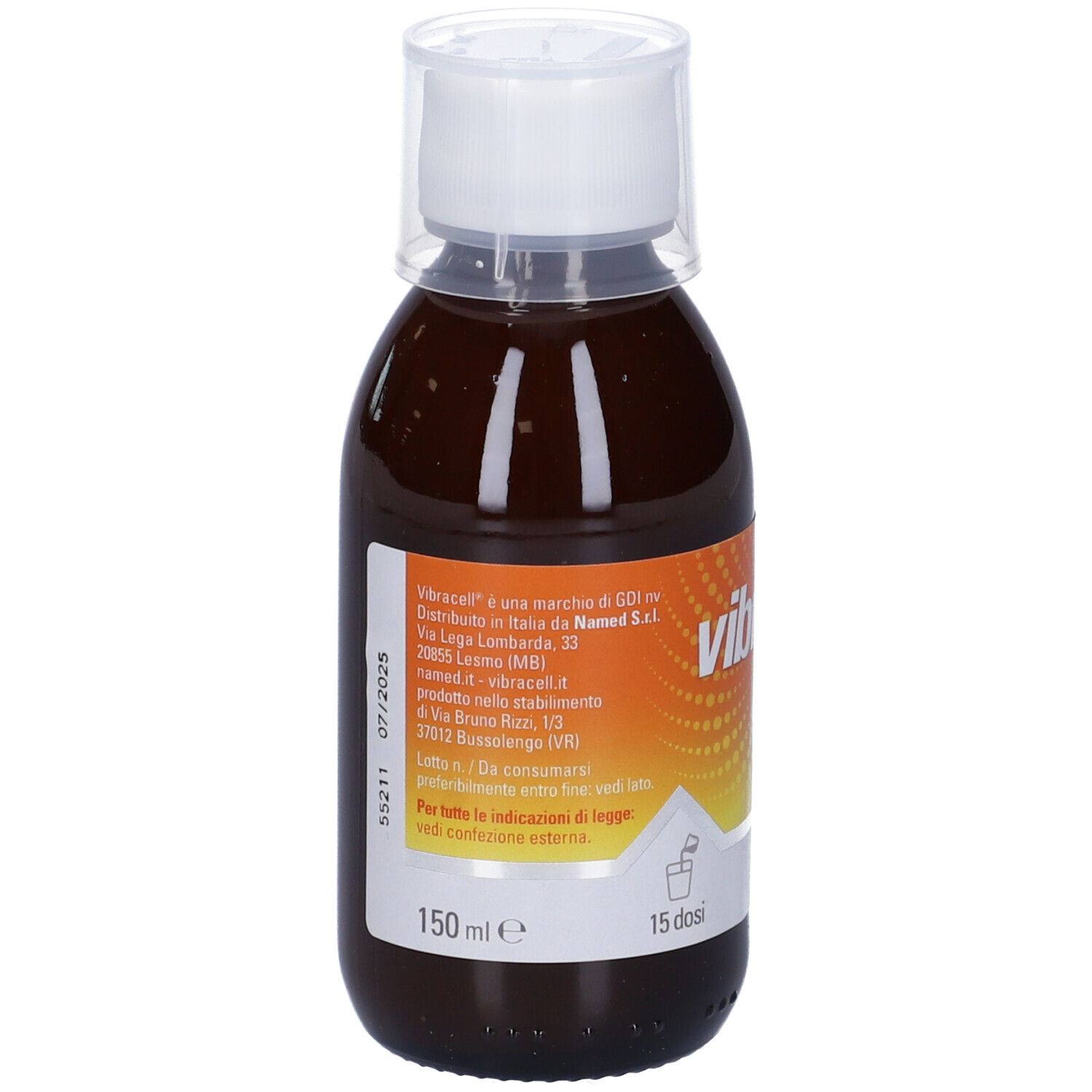 Liquide brun en bouteille avec bouchon blanc. Inscription: Vibracell, 150 ml, 15 doses. NAMED.