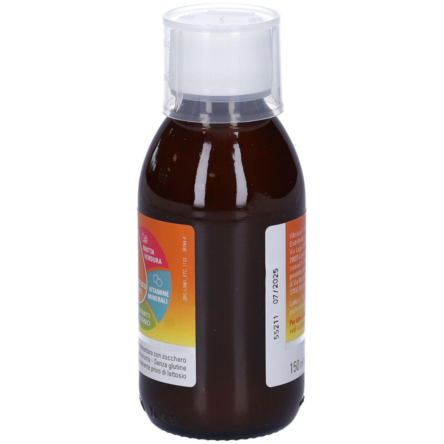 Liquide brun en bouteille avec bouchon blanc. Inscription: Vibracell, 150 ml. Étiquette avec informations.