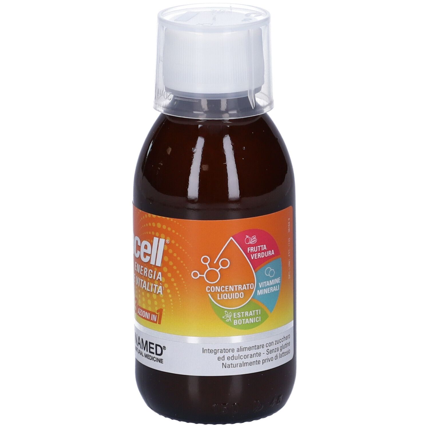 Liquide brun en bouteille avec bouchon blanc. Inscription: Vibracell, Energie & Vitalité, Concentré, NAMED.