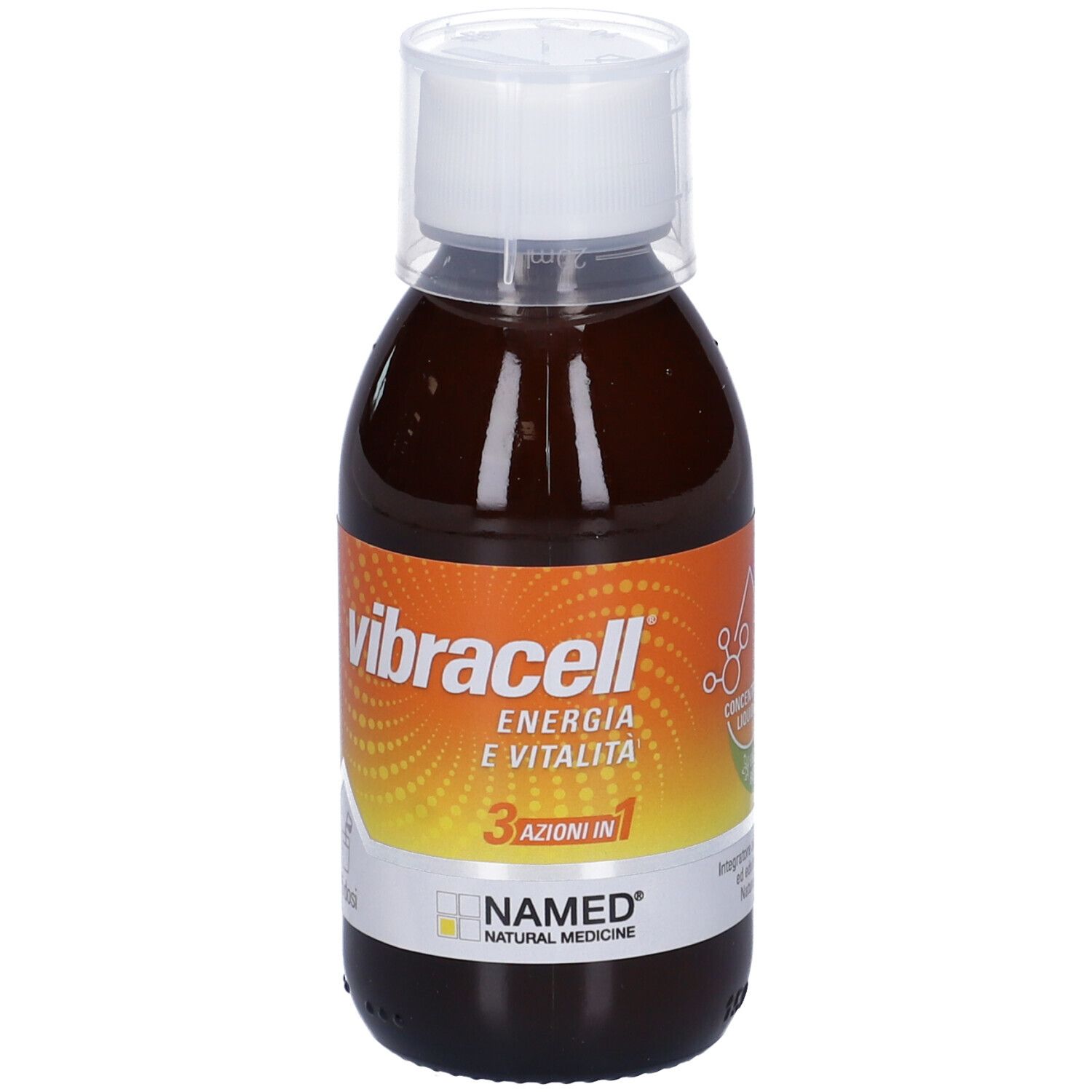 Liquide brun en bouteille avec bouchon blanc. Inscription: Vibracell, Energie & Vitalité, 3 en 1, NAMED.