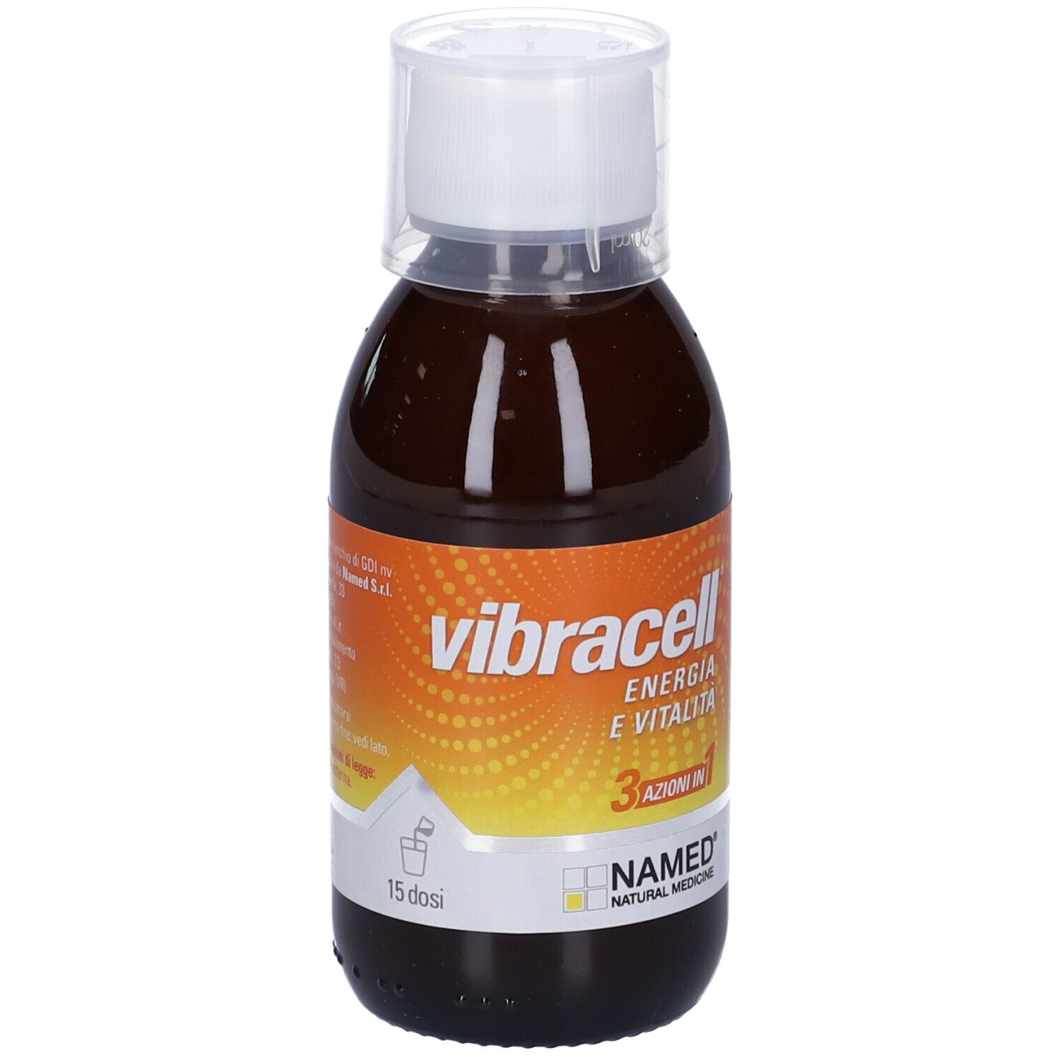 Liquide brun en bouteille avec bouchon blanc. Inscription: Vibracell, Energie & Vitalité, 3 en 1, NAMED.