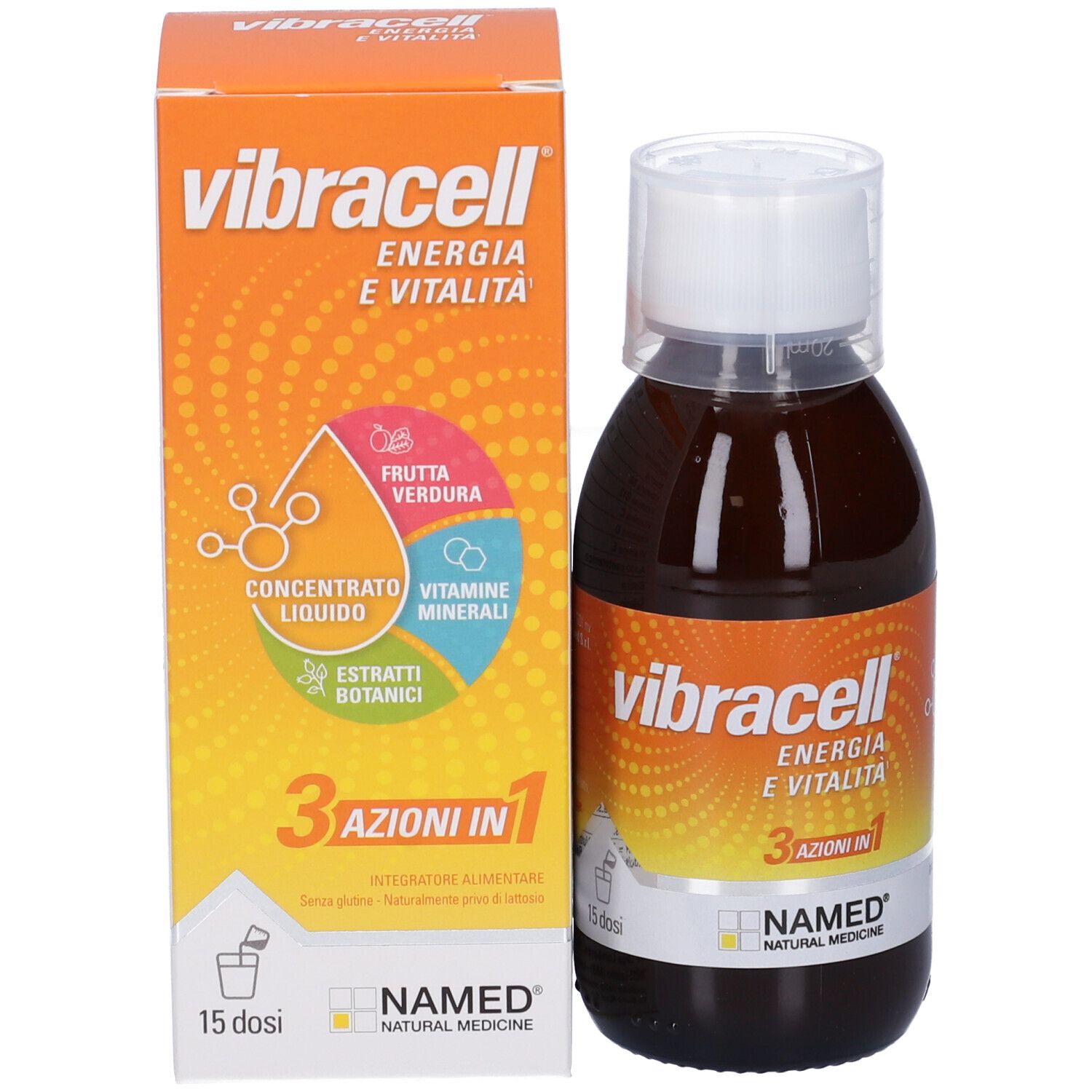 Bouteille et emballage Vibracell. Bouteille avec liquide brun, bouchon blanc. Emballage avec inscription Vibracell.