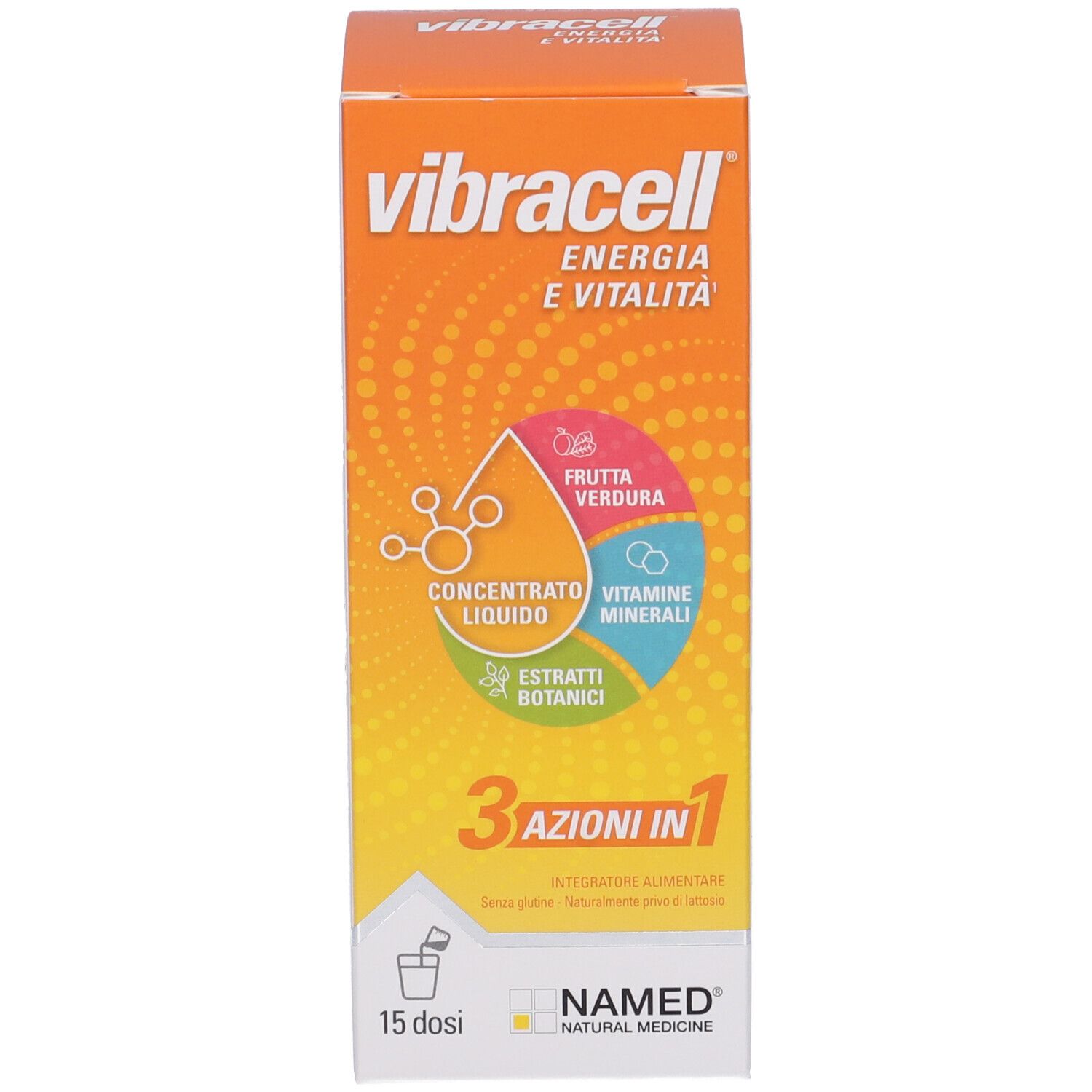 Emballage Vibracell. Boîte orange avec inscription Vibracell, Energie & Vitalité, 3 en 1, NAMED.