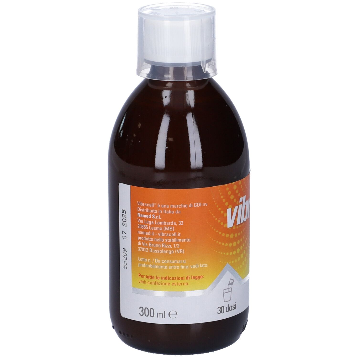 Dos d'une bouteille de liquide brun. Étiquette avec texte et informations. Volume: 300 ml. Date de péremption: 07 2025.