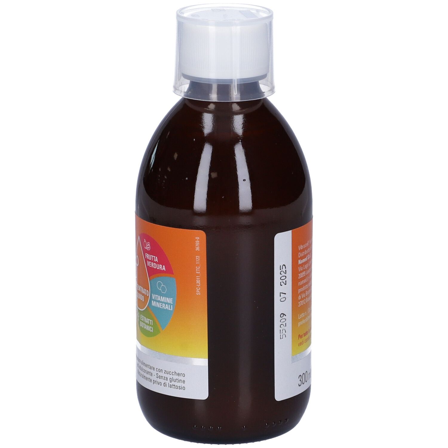 Dos d'une bouteille de liquide brun. Étiquette avec ingrédients et informations. Volume: 300 ml. Date de péremption: 07 2025.