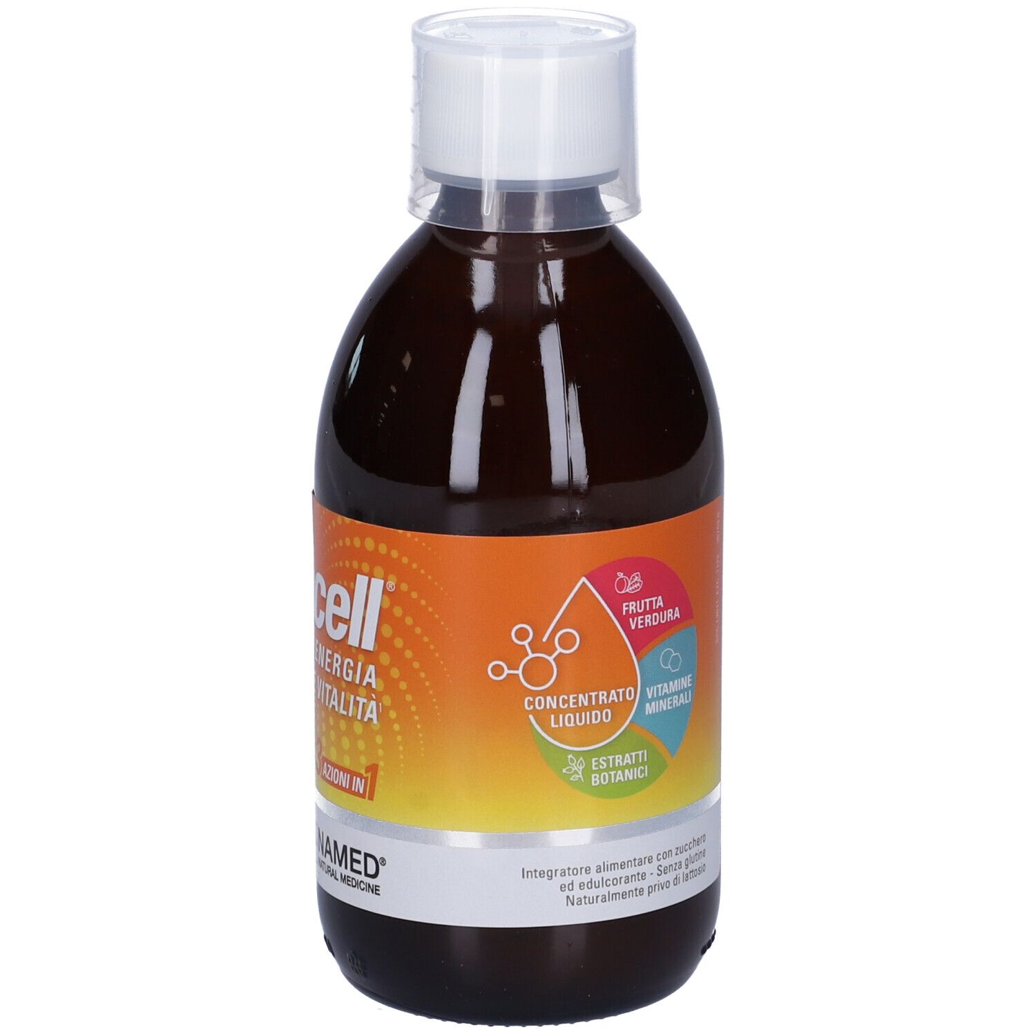 Liquide brun dans une bouteille. Inscription: vibracell, Energie e Vitalità, 3 azioni in 1. Illustration des ingrédients.