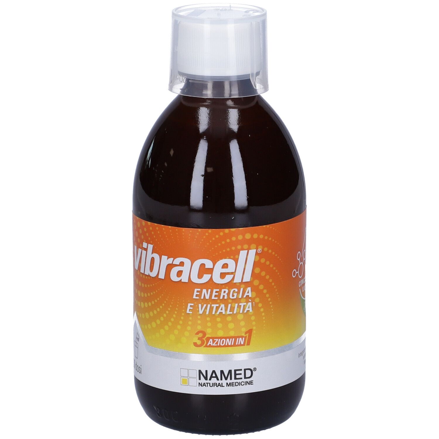 Flacon de liquide brun avec bouchon blanc. Inscription: vibracell, Energie e Vitalità, 3 azioni in 1. Marque: NAMED.