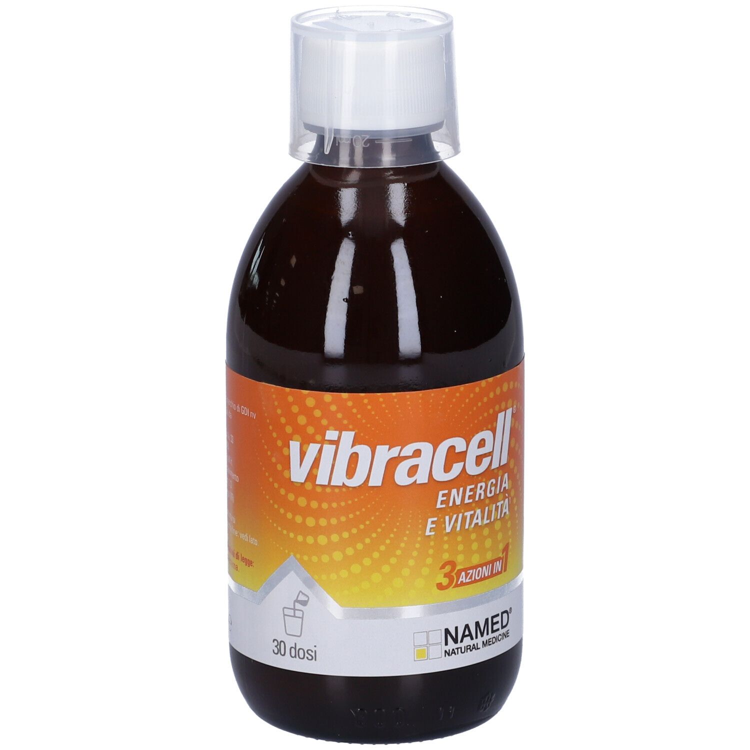 Flacon de liquide brun avec bouchon blanc. Inscription: vibracell, Energie e Vitalità, 3 azioni in 1. Marque: NAMED.